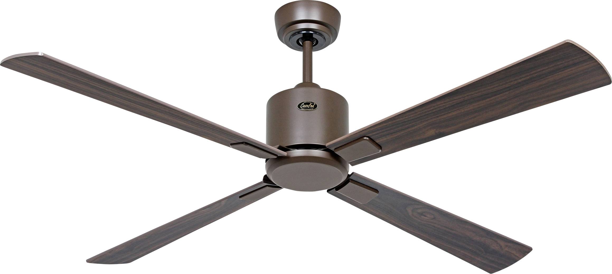 Ein Deckenventilator mit vier Flügeln in dunkler Holzoptik und einer metallisch-braunen Motornabe, entwickelt für den Innenbereich.
