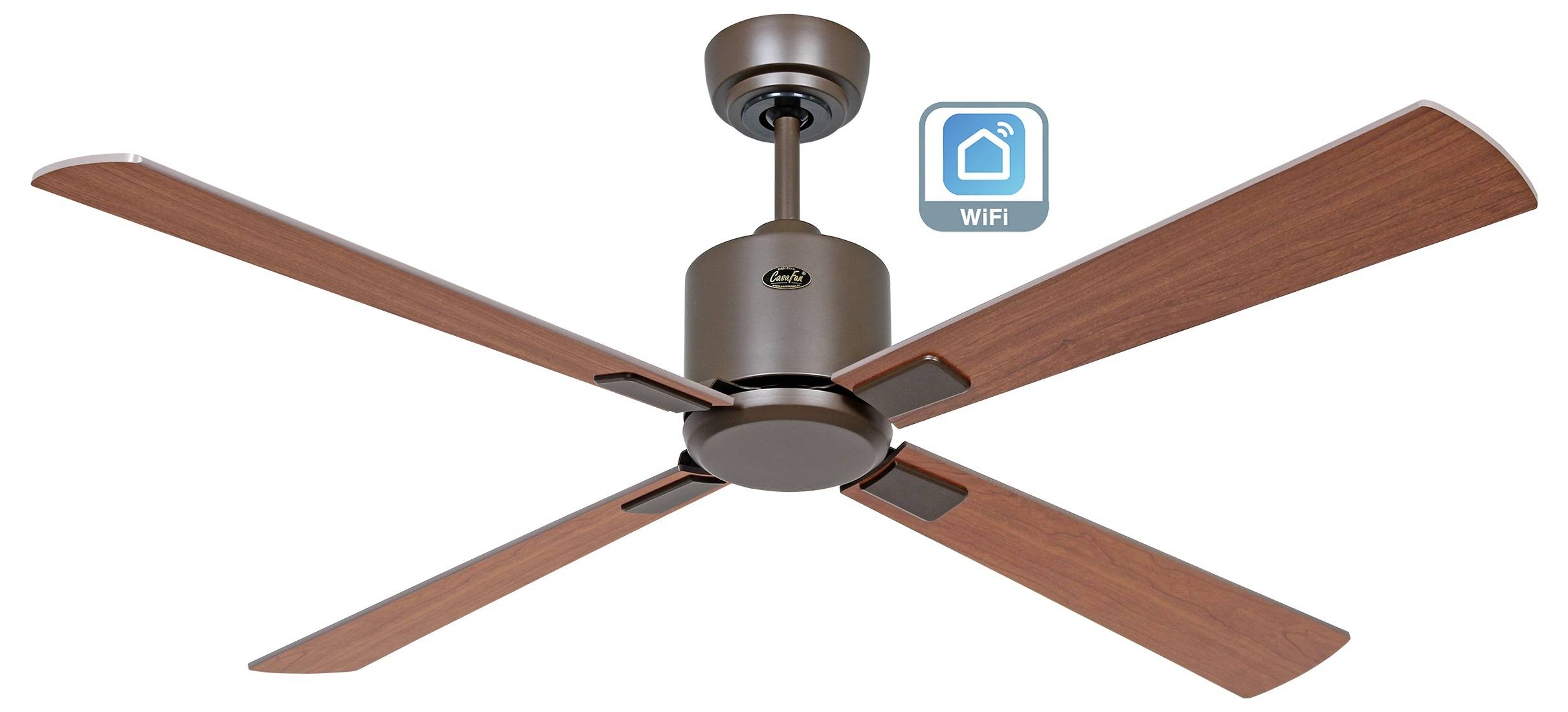 Deckenventilator mit vier Holzflügeln, metallischer Oberfläche und einem WLAN-Konnektivitätssymbol, das die Smart-Home-Kompatibilität anzeigt.