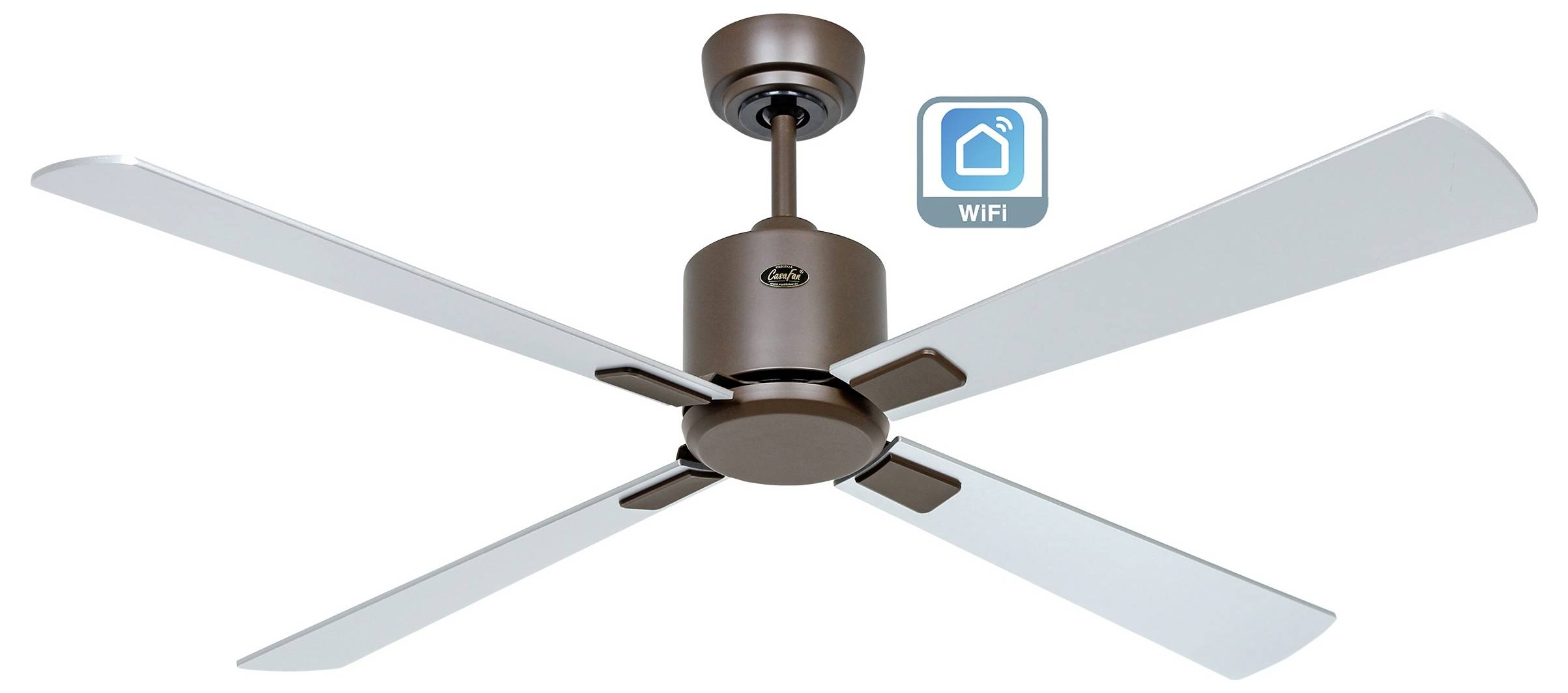 Deckenventilator mit vier weißen Flügeln und einem braunen Motor. Kleines blaues WLAN-Symbol, das Smart-Funktionalität anzeigt.