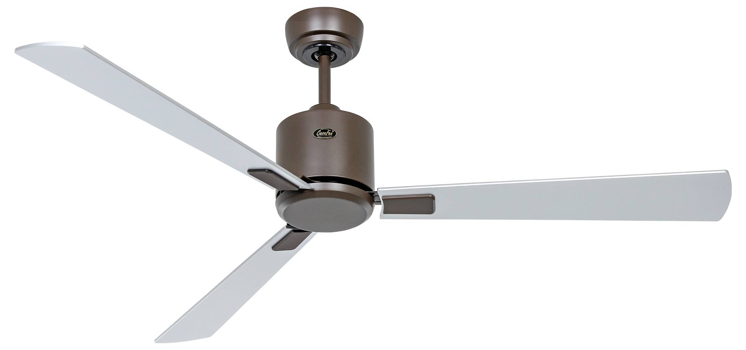 Ein moderner Deckenventilator mit drei eleganten, weißen Flügeln und einem bronzefarbenen Metallsockel, entworfen für effiziente Luftzirkulation in Innenräumen.