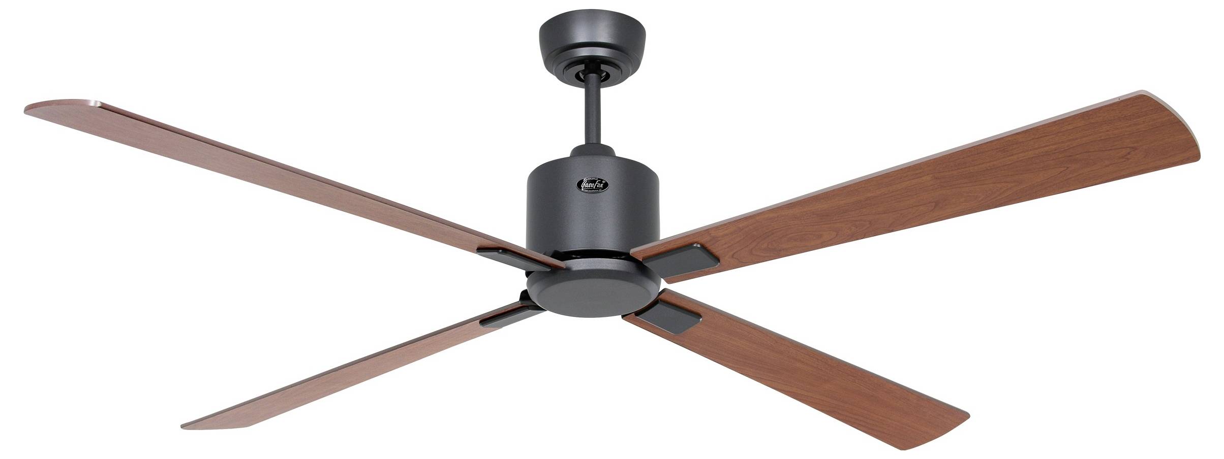 Schwarzer Deckenventilator mit vier Holzflügeln.