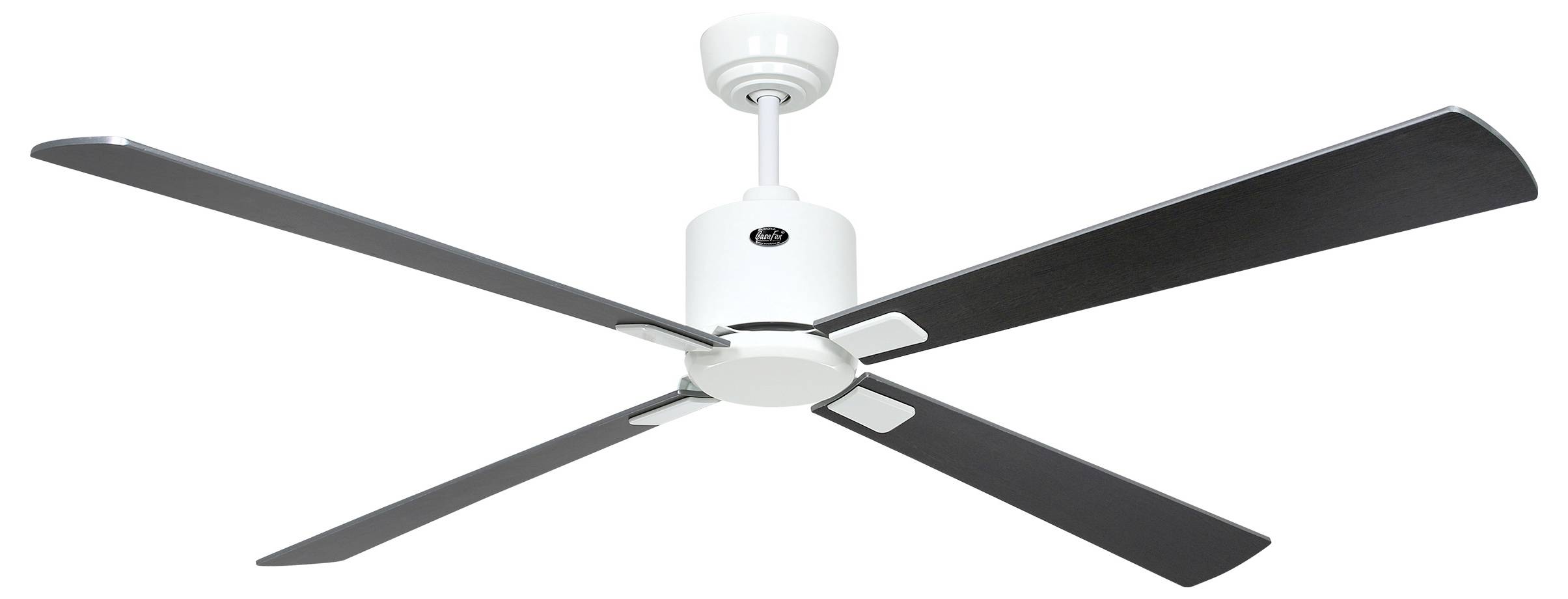 Weiße Deckenventilator mit vier schwarzen Flügeln in modernem Design.