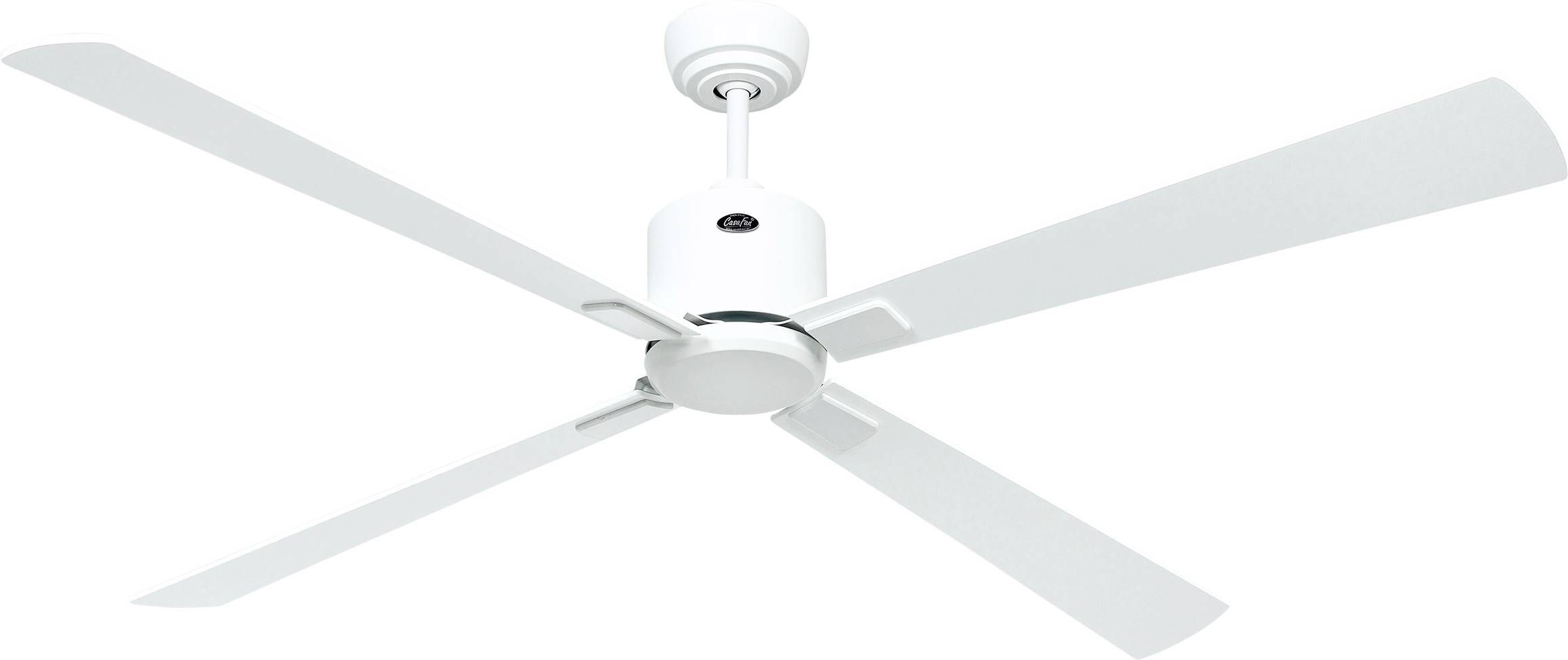 Ein weißer Deckenventilator mit vier Flügeln, der an einer Stange montiert ist und für den Innenbereich konzipiert wurde, um für Luftzirkulation zu sorgen.