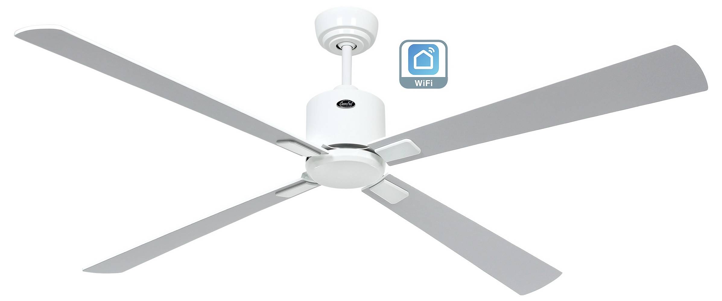 Ein Deckenventilator mit vier Flügeln und einem WLAN-Konnektivitätssymbol, das die Smart-Home-Integrationsfähigkeit anzeigt.