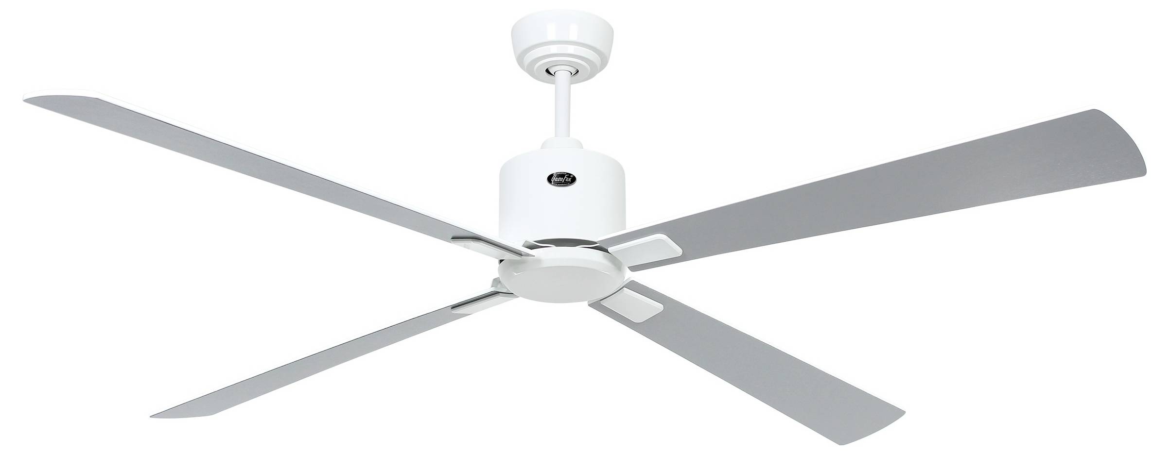 Ein weißer Deckenventilator mit vier Flügeln und einem zentralen zylindrischen Motorgehäuse, an einer Decke montiert.