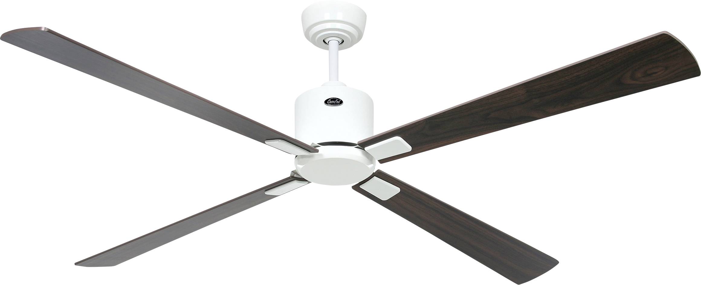 Ein moderner Deckenventilator mit vier dunklen Holzflügeln und einem weißen zentralen Motorgehäuse, entwickelt für effiziente Luftzirkulation.