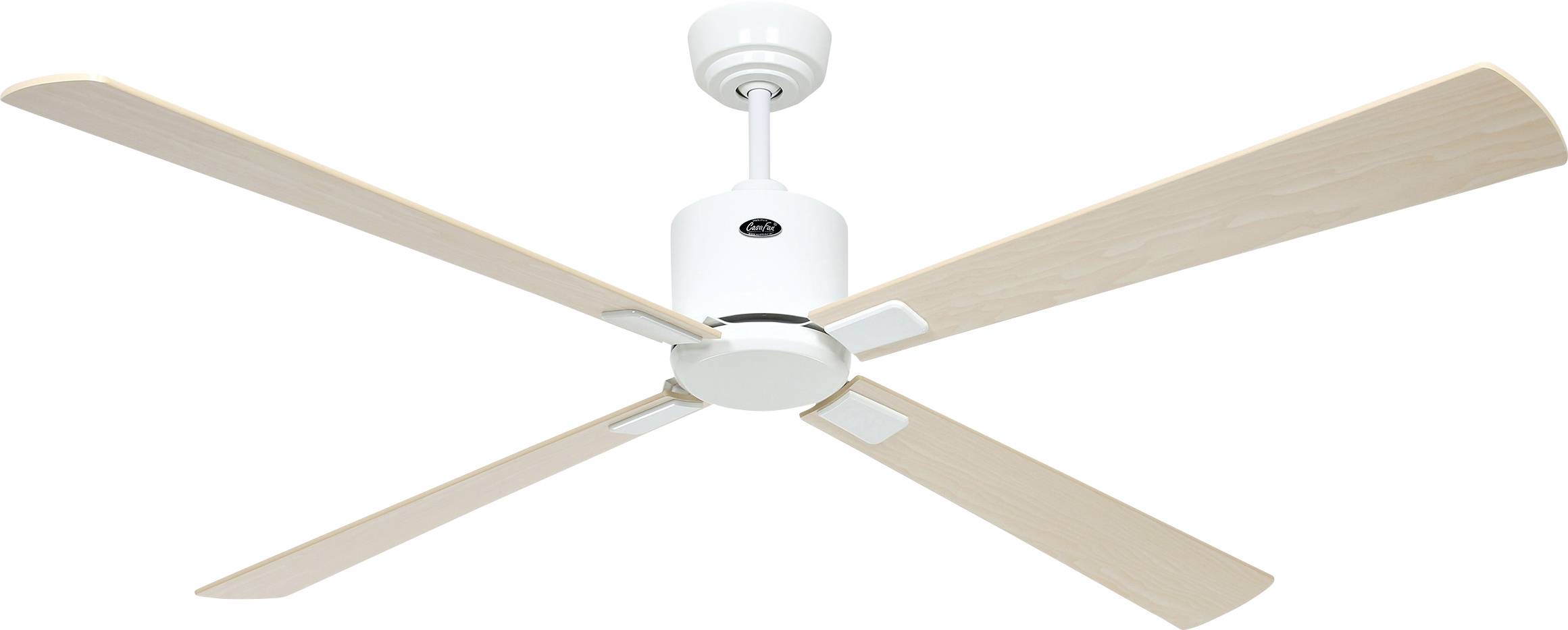 Ein weißer Deckenventilator mit vier hellen Holzflügeln, montiert an einer weißen Halterung, geeignet für den Einsatz in Wohnräumen oder Büros.