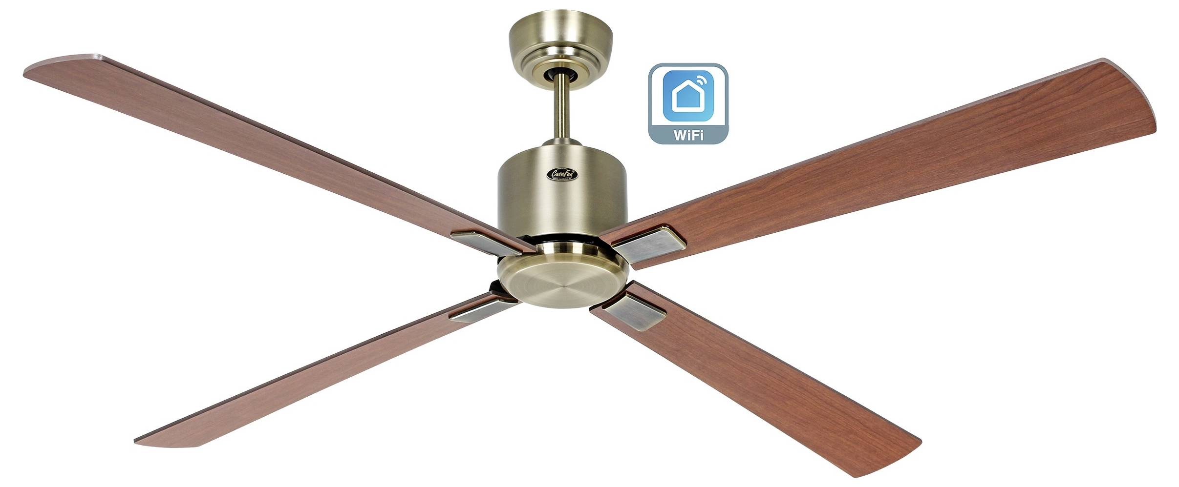 Deckenventilator mit Holzflügeln und Messingoberfläche, ausgestattet mit einem 'WiFi'-Steuerungssymbol für intelligente Funktionalität.