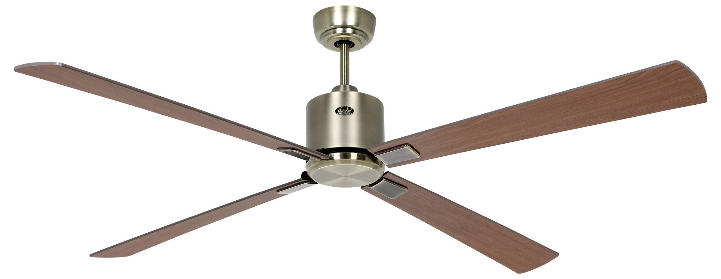 Deckenventilator mit vier Holzflügeln und Metalloberfläche, von der Decke hängend, entworfen für Hauskühlung und Luftzirkulation.