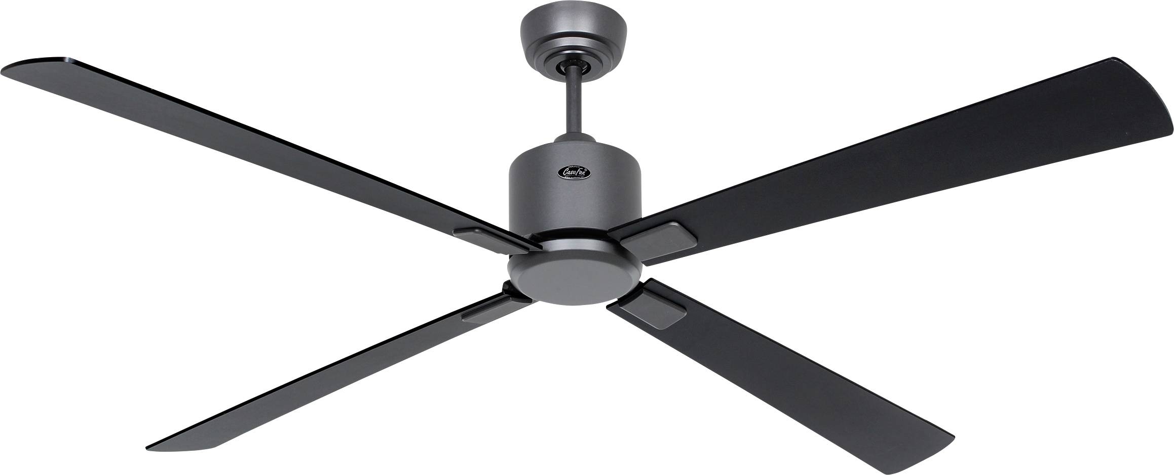 Ein moderner Deckenventilator mit vier schwarzen Flügeln und einem zentralen Motor in einem Raum.