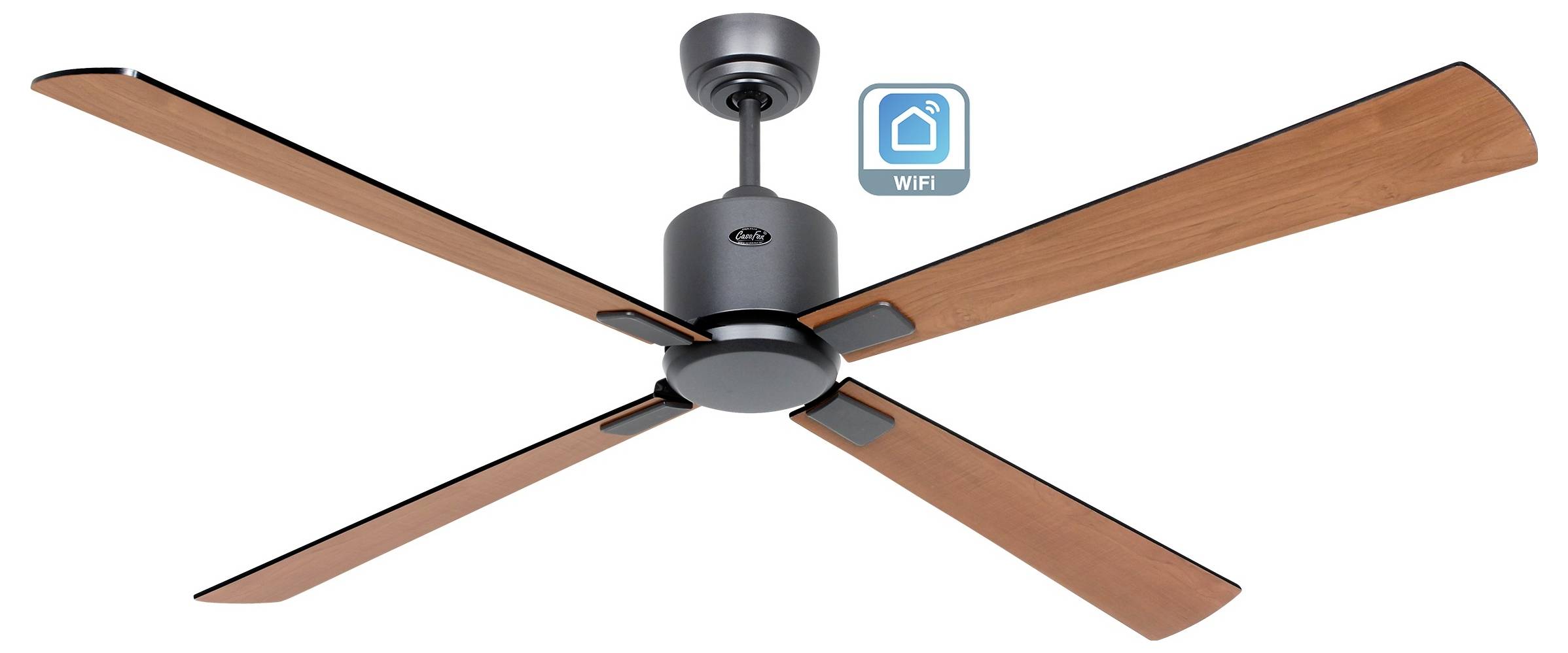 Ein Deckenventilator mit Holzflügeln und metallischer Oberfläche, ausgestattet mit WLAN-Kompatibilität, die durch ein Symbol über dem Ventilator angezeigt wird.