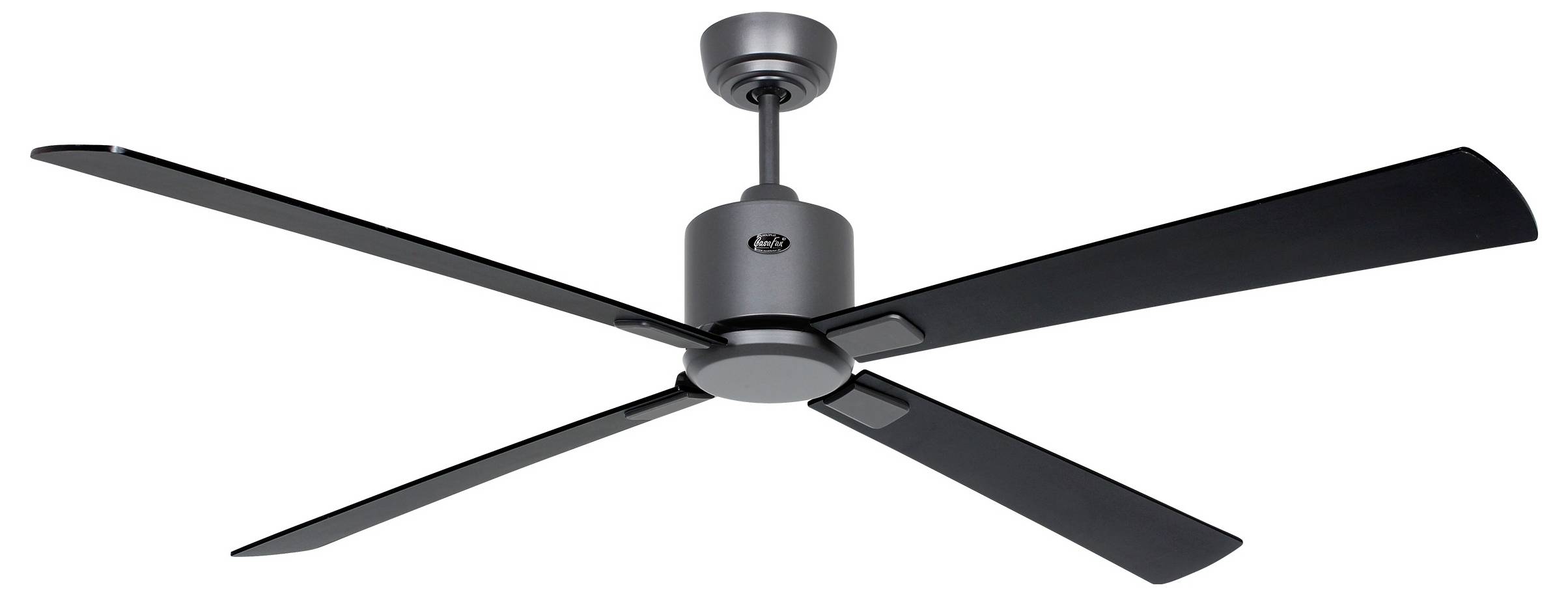 Ein schwarzer Deckenventilator mit vier Flügeln und einem zentralen Motorgehäuse, von der Decke hängend.