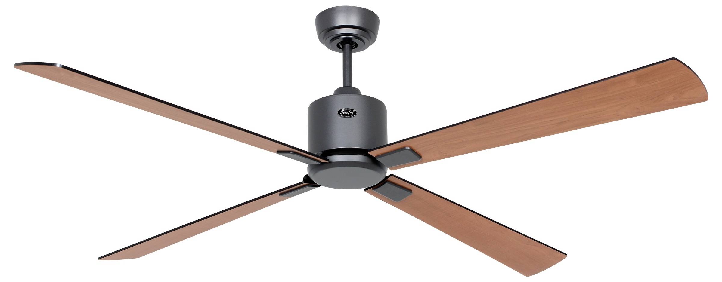 Ein Deckenventilator mit vier Holzflügeln und einem eleganten Metallgehäuse, entwickelt für moderne Wohnraumkühlung und Luftzirkulation.