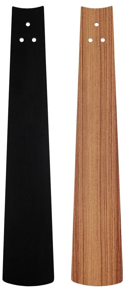 Zwei längliche dreieckige Ventilatorflügel; einer schwarz, einer mit Holzstruktur, jeder mit drei kleinen Befestigungslöchern nahe der Spitze.