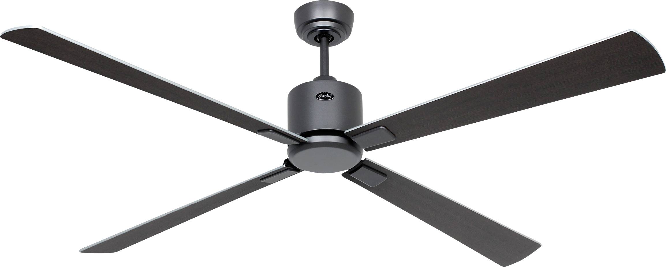 Ein schwarzer Deckenventilator mit vier Flügeln hängt an einer Stange. Der Ventilator hat ein schlankes, modernes Design und ist vor einem neutralen Hintergrund positioniert.