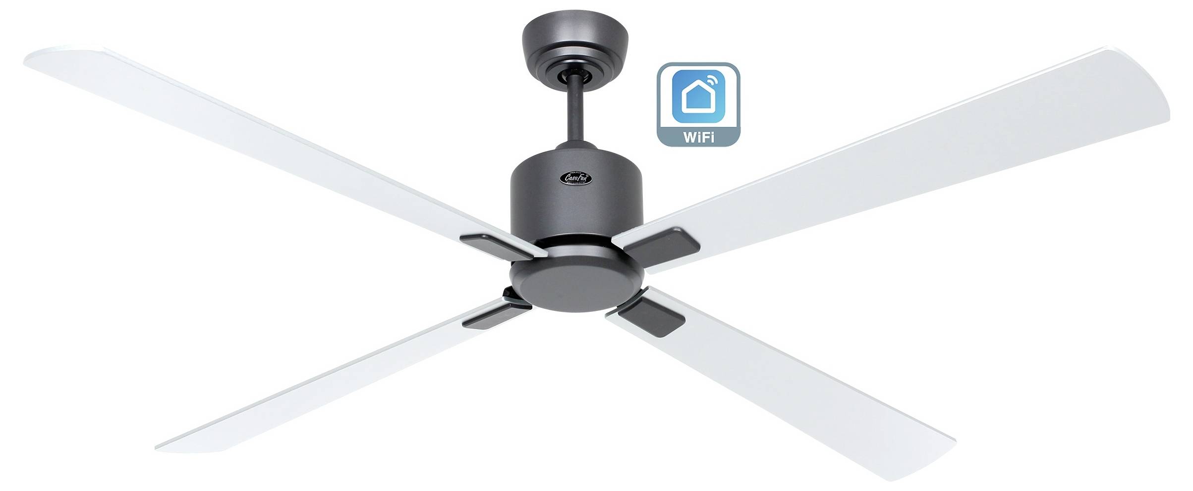 Ein Deckenventilator mit vier weißen Flügeln und einem dunklen Zentrum, ausgestattet mit einem 'WiFi'-Symbol, das die Smart-Konnektivitätsfähigkeit anzeigt.