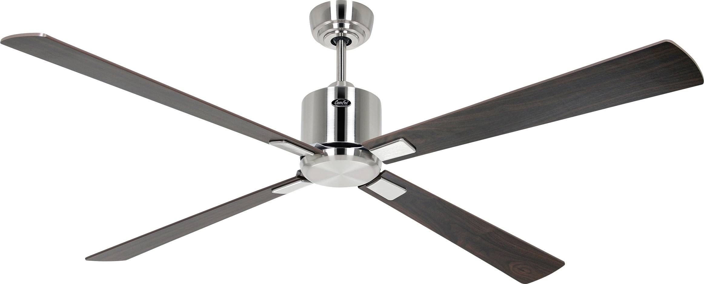 Moderner Deckenventilator mit vier dunklen Holzflügeln und einem silbernen Metallgehäuse, konzipiert für zeitgenössische Innenräume.