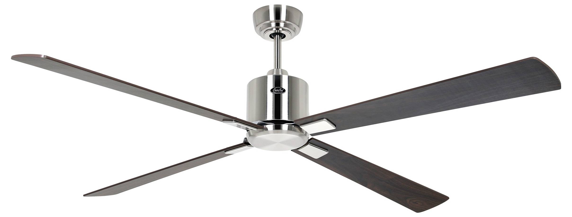 Ein moderner Deckenventilator mit gebürsteter Metalloberfläche und vier dunkelbraunen Holzflügeln, entwickelt für die Kühlung und Dekoration zu Hause.