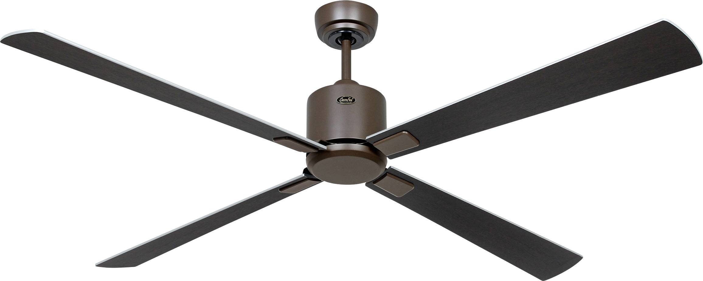 Ein brauner Deckenventilator mit vier Flügeln, entworfen für moderne Wohnraumgestaltung, an einer Decke montiert.