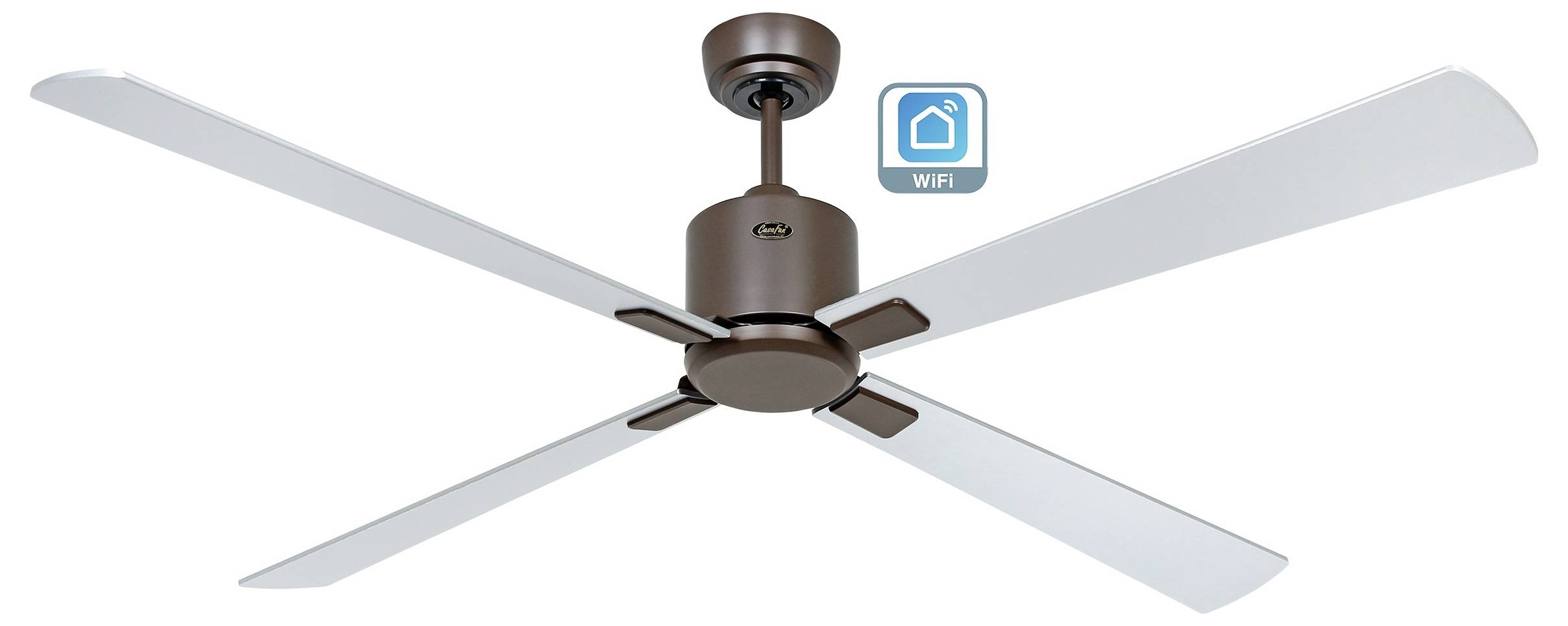 Ein Deckenventilator mit vier weißen Flügeln und einem WLAN-Steuerungssymbol, das die Smart-Home-Konnektivität anzeigt.