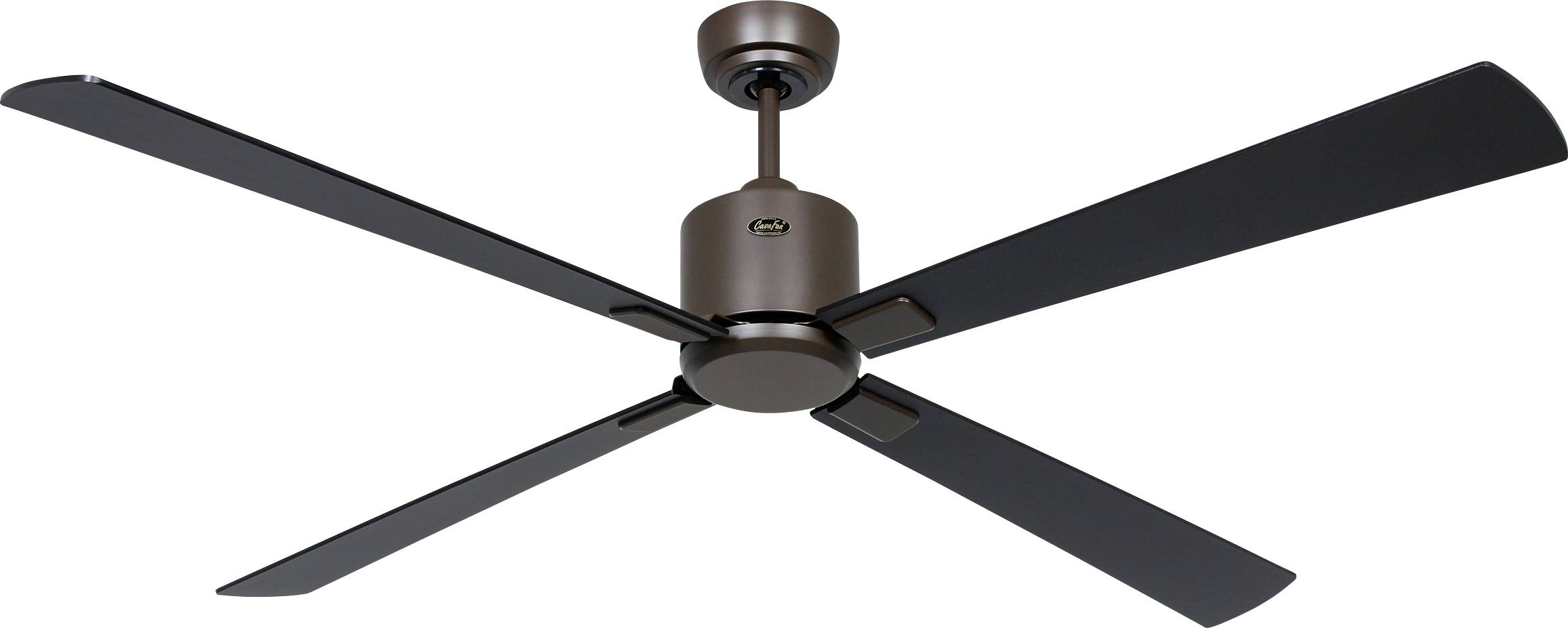 Ein Deckenventilator mit vier schwarzen Flügeln und einem zentralen braunen Motorgehäuse, entwickelt für die Innenkühlung.