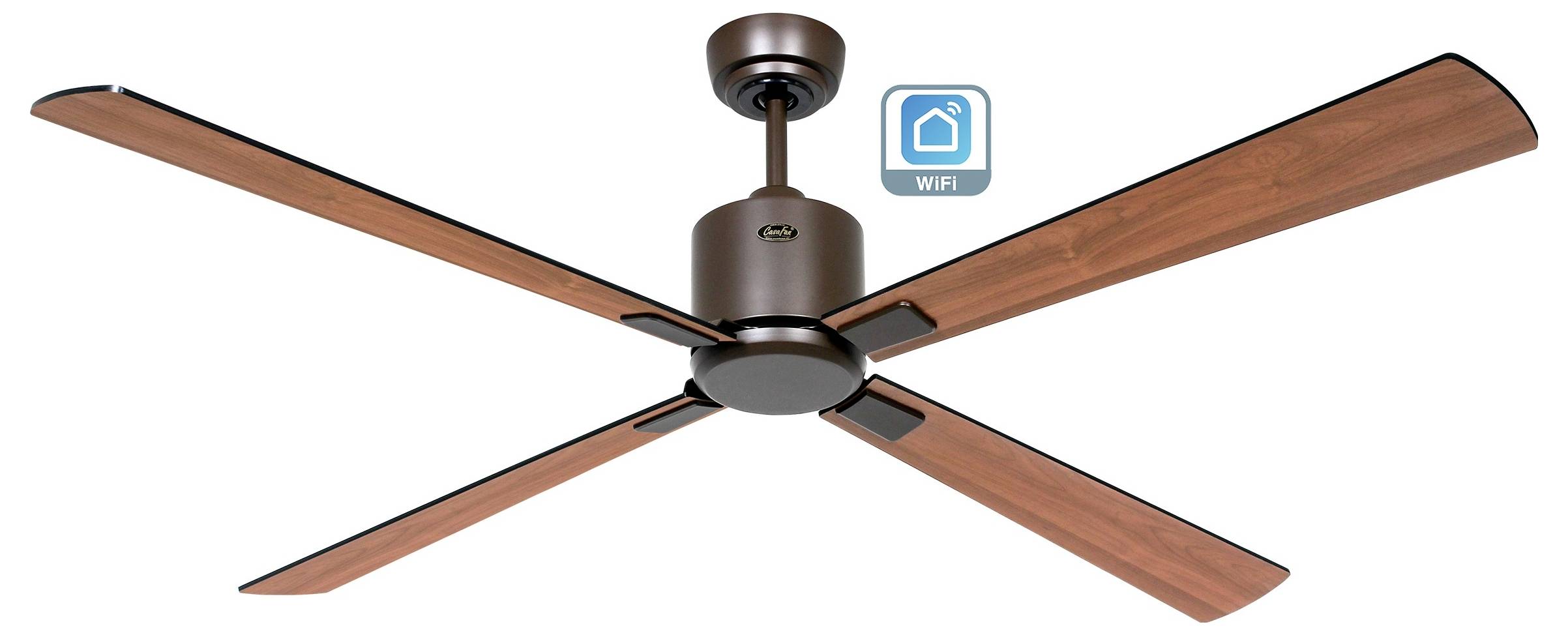 Brauner Deckenventilator mit vier Holzflügeln und einer zentralen Motorennabe. Ein kleines Symbol zeigt die WLAN-Konnektivität an.