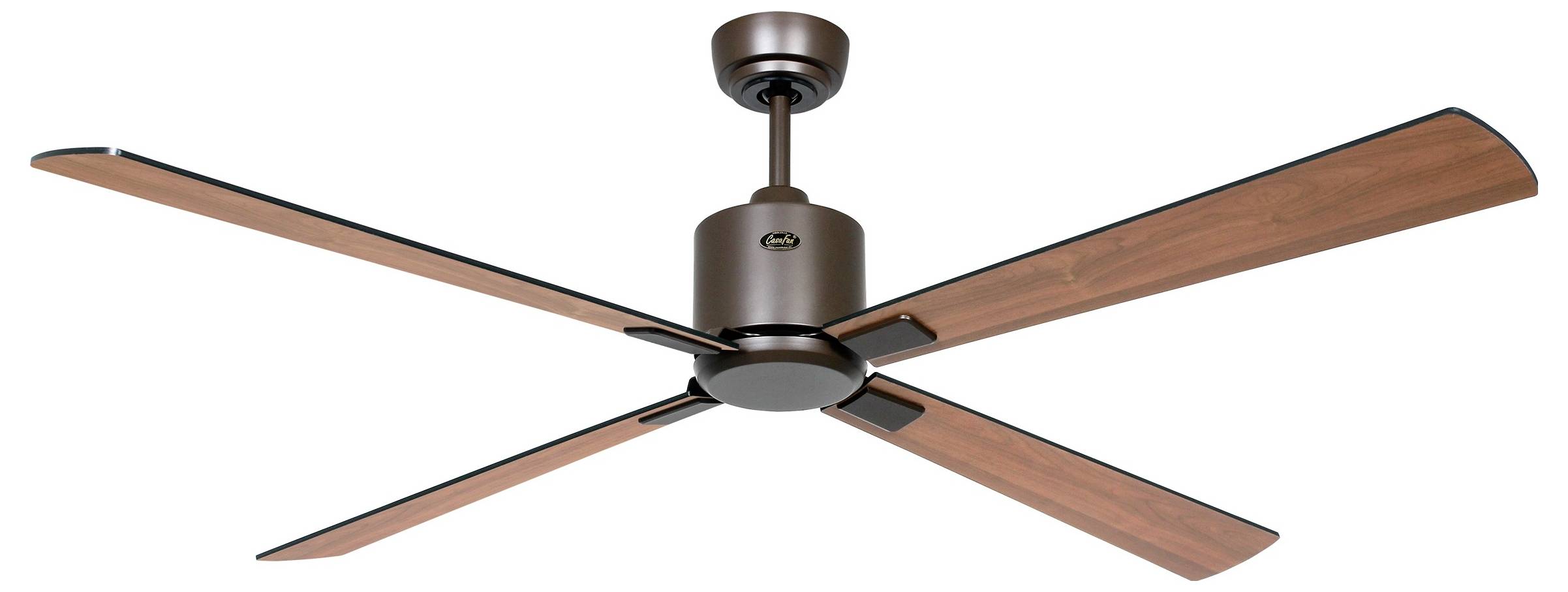 Ein Deckenventilator mit vier Holzflügeln und einem metallischen zentralen Motor, dargestellt vor einem schlichten weißen Hintergrund.