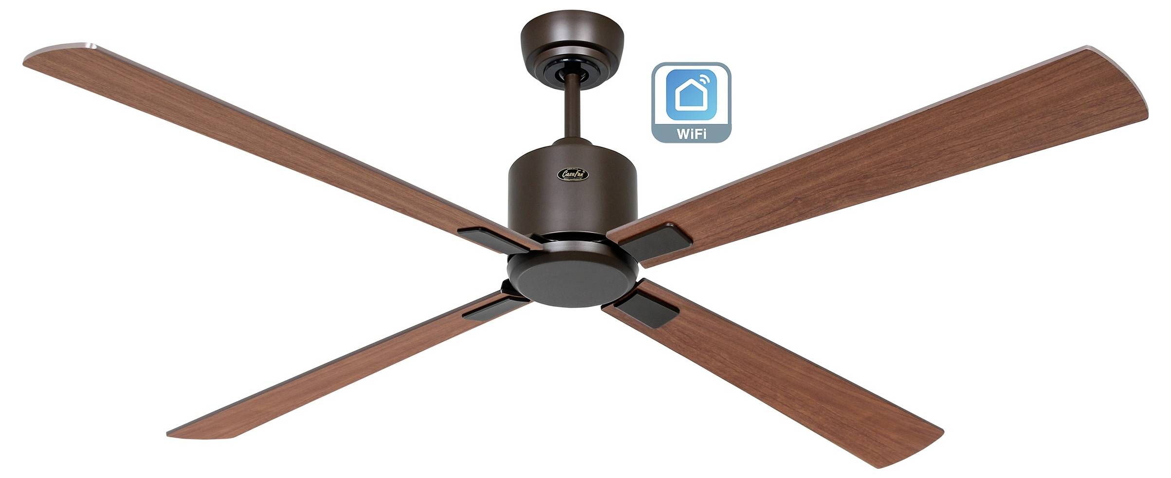 Ein brauner Deckenventilator mit vier Flügeln wird zusammen mit einem 'WiFi'-Symbol angezeigt, was auf drahtlose Konnektivitätsfunktionen hinweist.