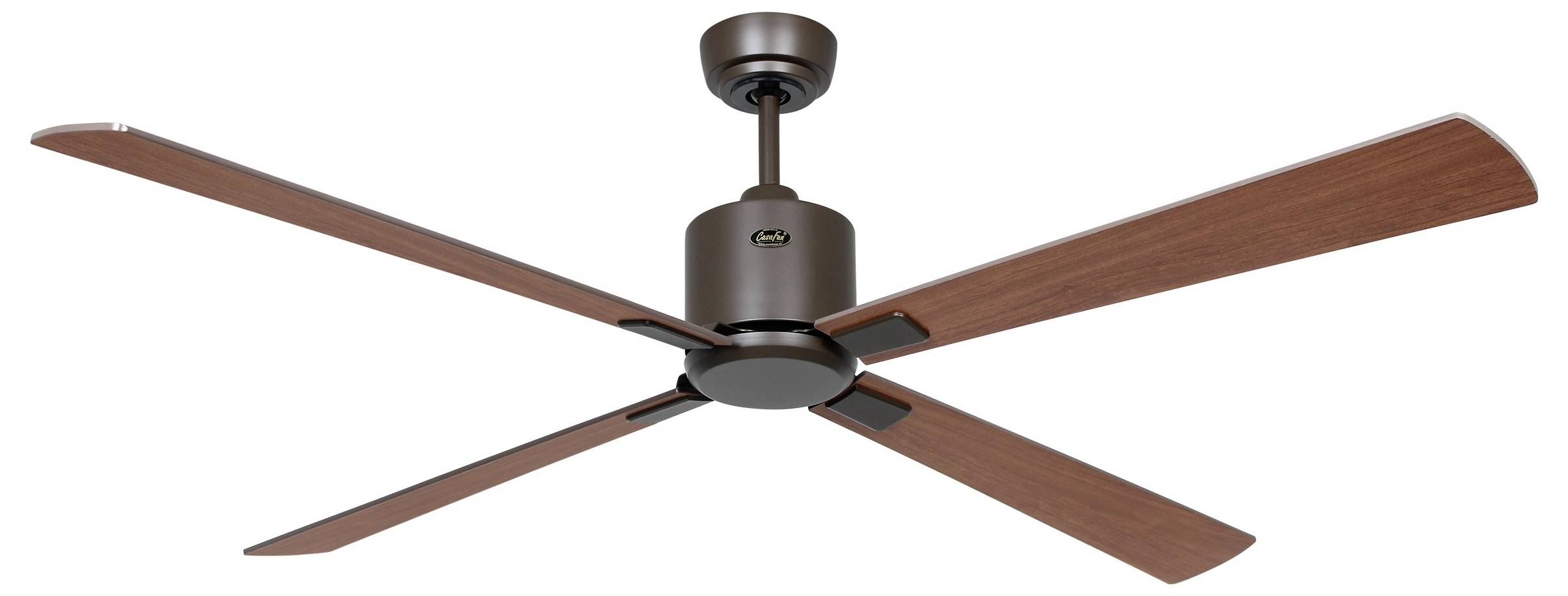 Ein bronzefarbener Deckenventilator mit vier Holzflügeln, für den Innenbereich konzipiert, geeignet für moderne und klassische Einrichtungen.