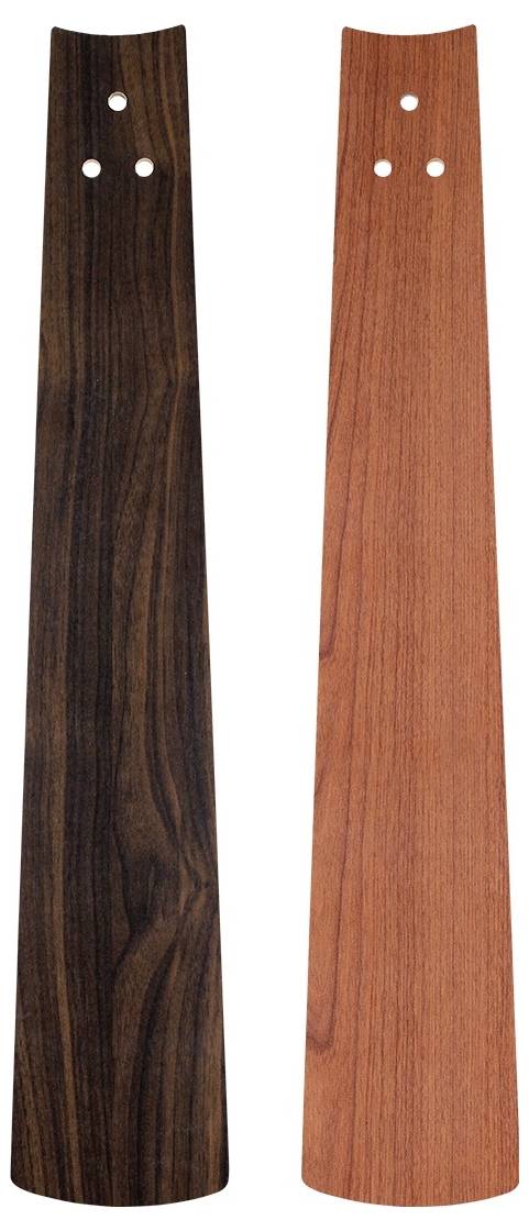 Zwei Deckenventilator-Flügel, einer aus dunklem Holz und einer aus hellem Holz, sind nebeneinander abgebildet, jeder mit drei Befestigungslöchern am breiteren Ende.