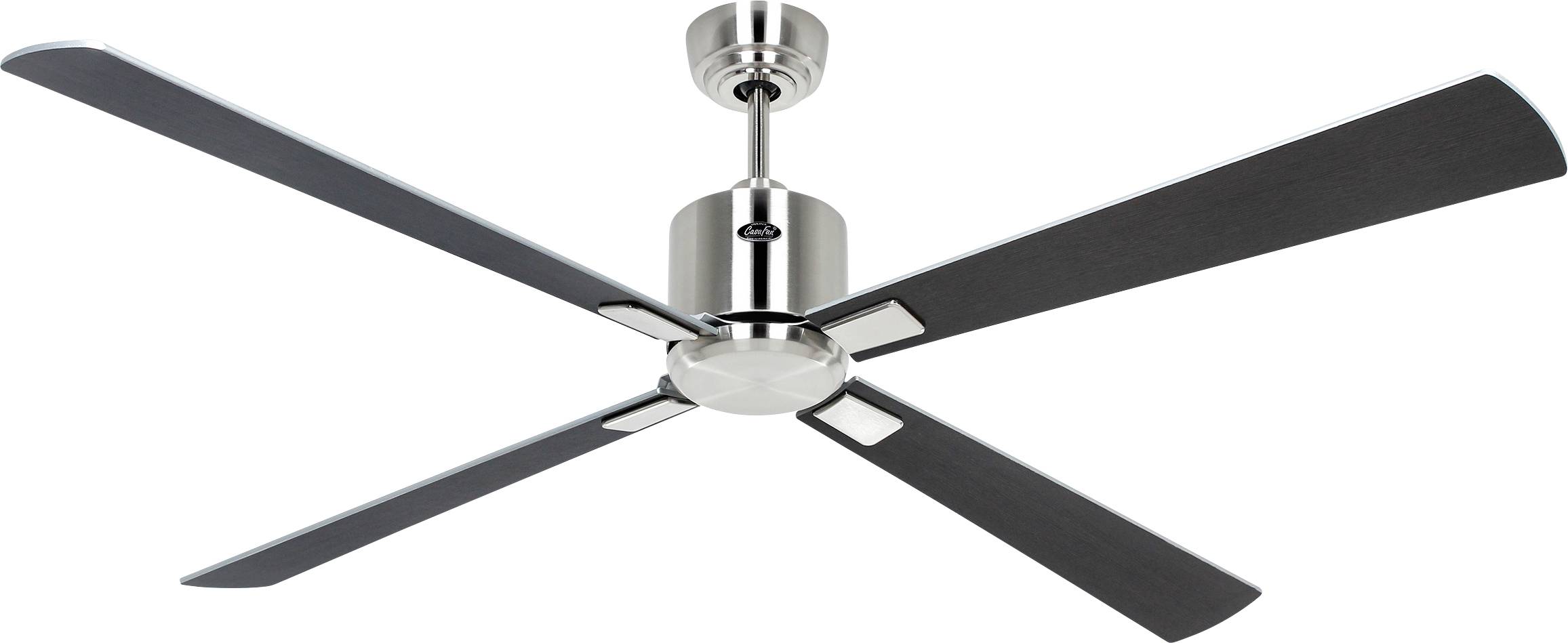 Ein moderner Deckenventilator mit vier eleganten schwarzen Flügeln und einer metallischen Oberfläche, entworfen für den Einsatz in Wohn- oder Büroräumen, vor einem schlichten Hintergrund dargestellt.