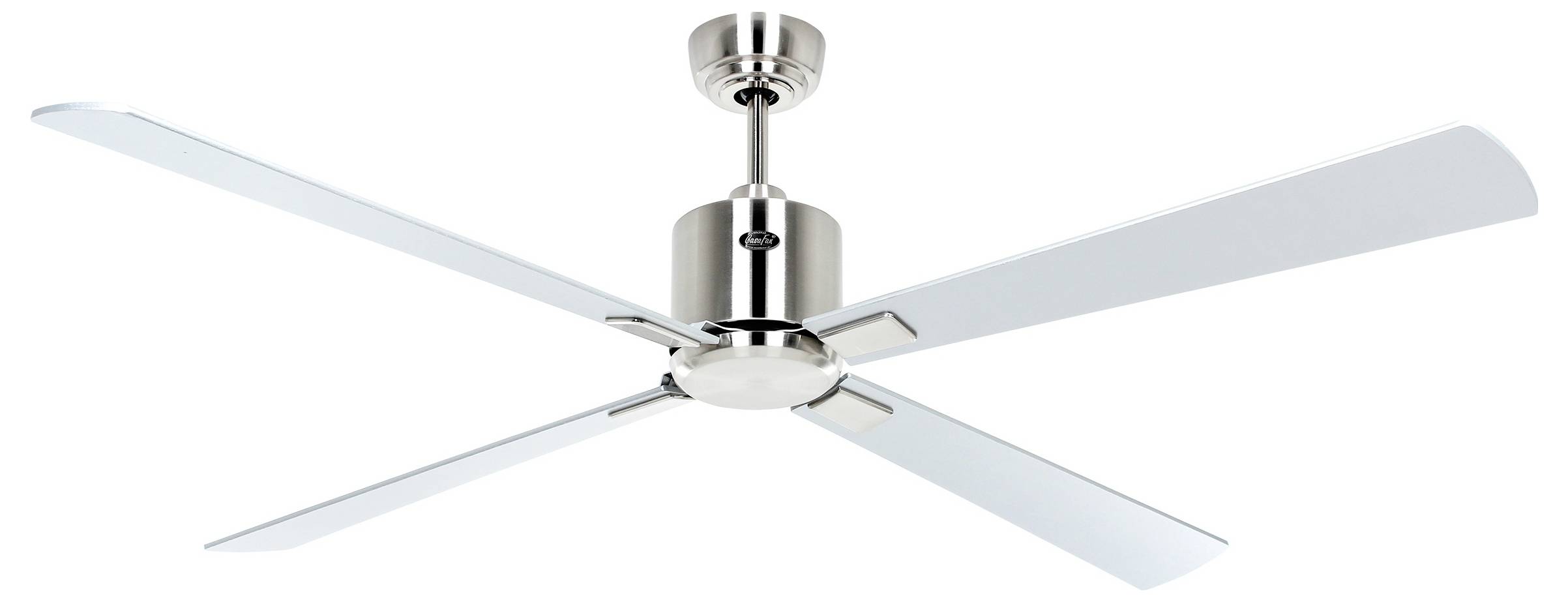 Ein eleganter metallischer Deckenventilator mit vier Flügeln und einer zentralen Lichtarmatur, entworfen für moderne Innenräume.