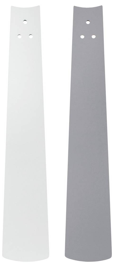 Zwei schlanke, längliche Paddel-Ventilatorblätter, eines weiß und eines grau, mit drei Löchern nahe der Oberseite zur Befestigung.