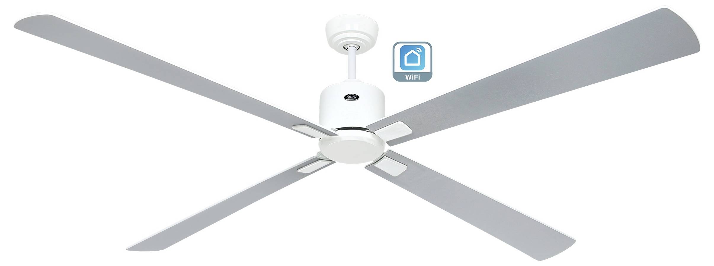 Deckenventilator mit vier grauen Flügeln und einem weißen Motor, mit einem digitalen 'Wi-Fi'-Symbol, das die Smart-Home-Konnektivität anzeigt.