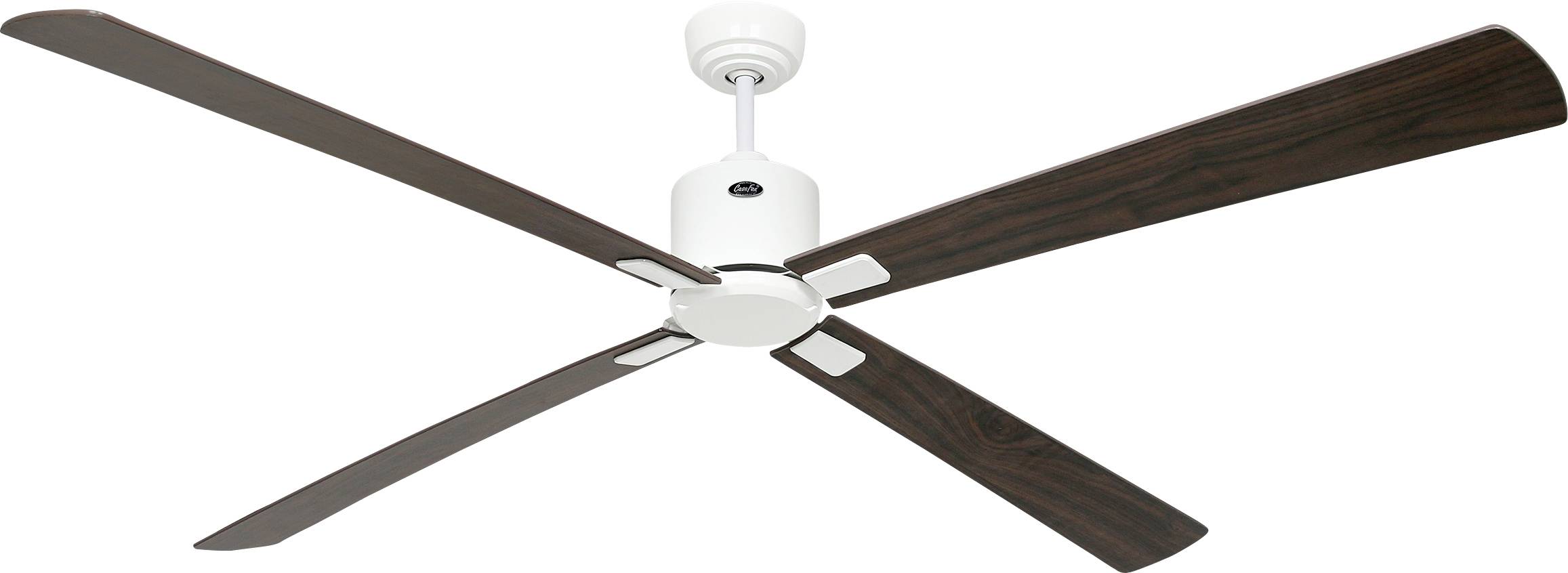 Ein Deckenventilator mit vier dunklen Holzflügeln, die an einen weißen Motor angeschlossen sind.