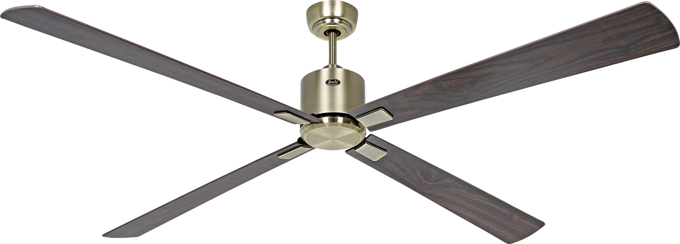 Ein Deckenventilator mit vier Holzflügeln und einer Messingmitte wird vor einem weißen Hintergrund gezeigt.