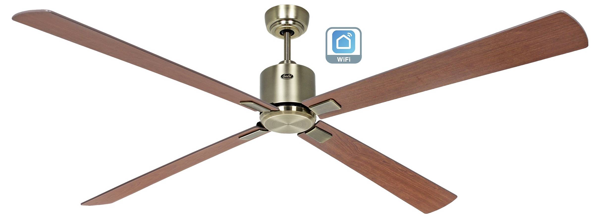 Deckenventilator mit braunen Holzflügeln und metallischem zentralen Nabenteil. Ein WLAN-Symbol zeigt intelligente Funktionalität an.