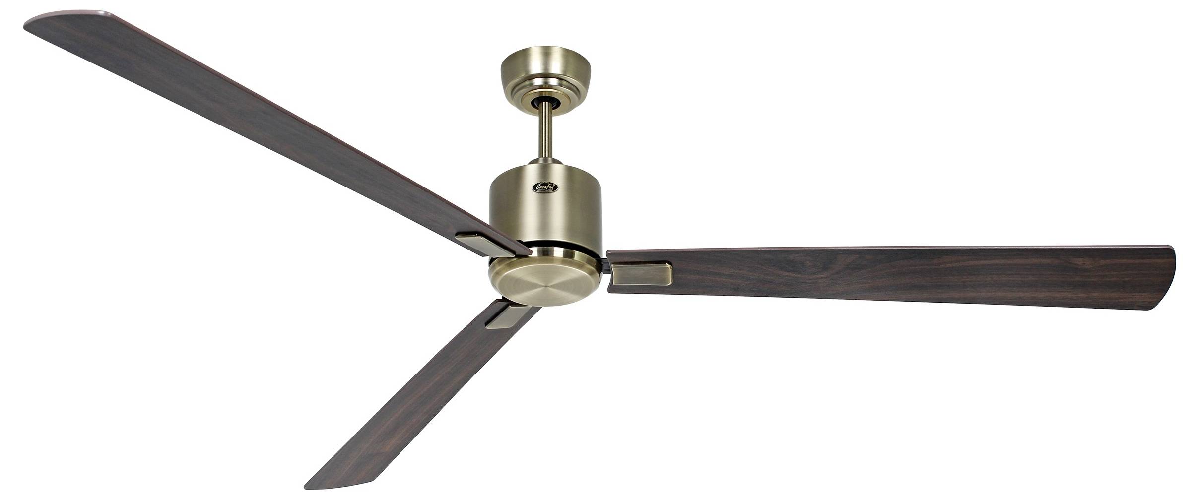 Ein Deckenventilator mit drei dunklen Holzflügeln und einem metallischen Gehäuse, entwickelt für die Kühlung von Innenräumen.
