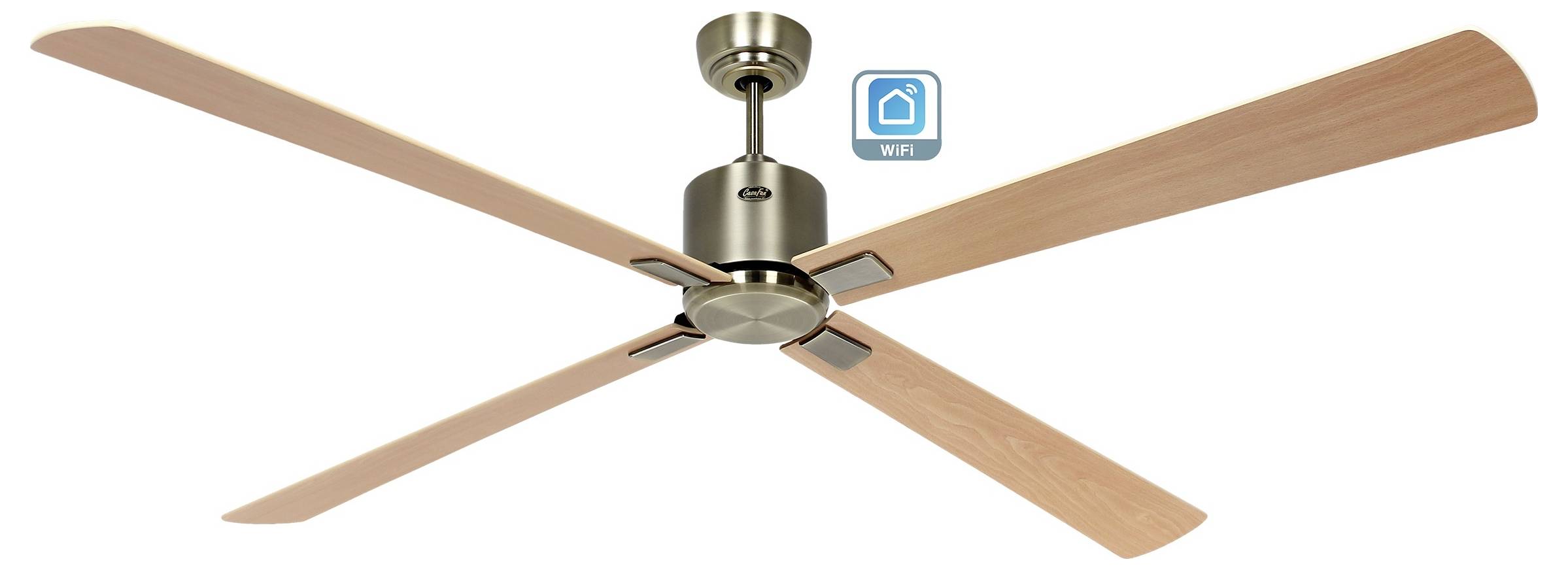 Ein Deckenventilator mit vier Holzflügeln und einem metallischen Zentrum zeigt ein WLAN-Symbol, das intelligente Konnektivität anzeigt.