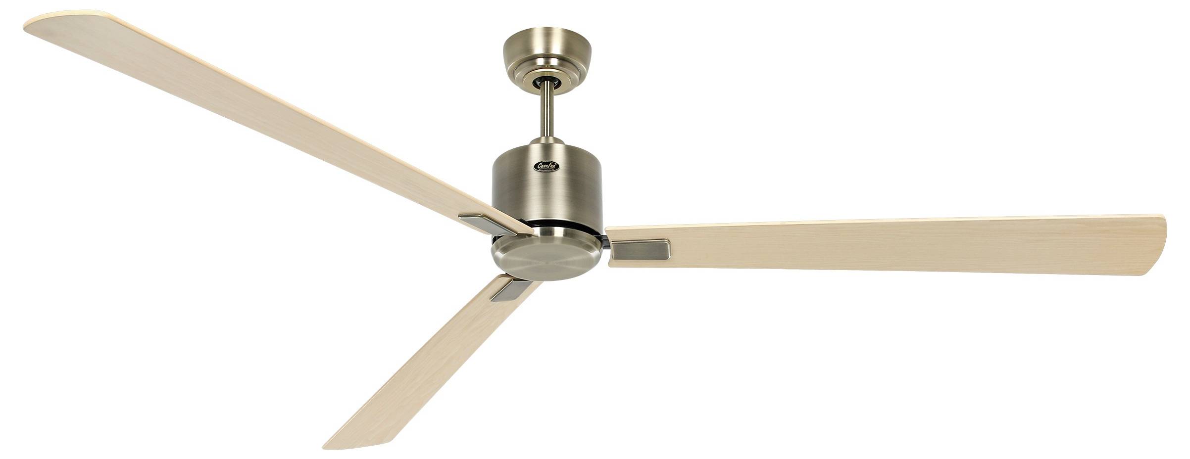 Deckenventilator mit drei Holzflügeln und einem zentralen Motorgehäuse aus Metall.