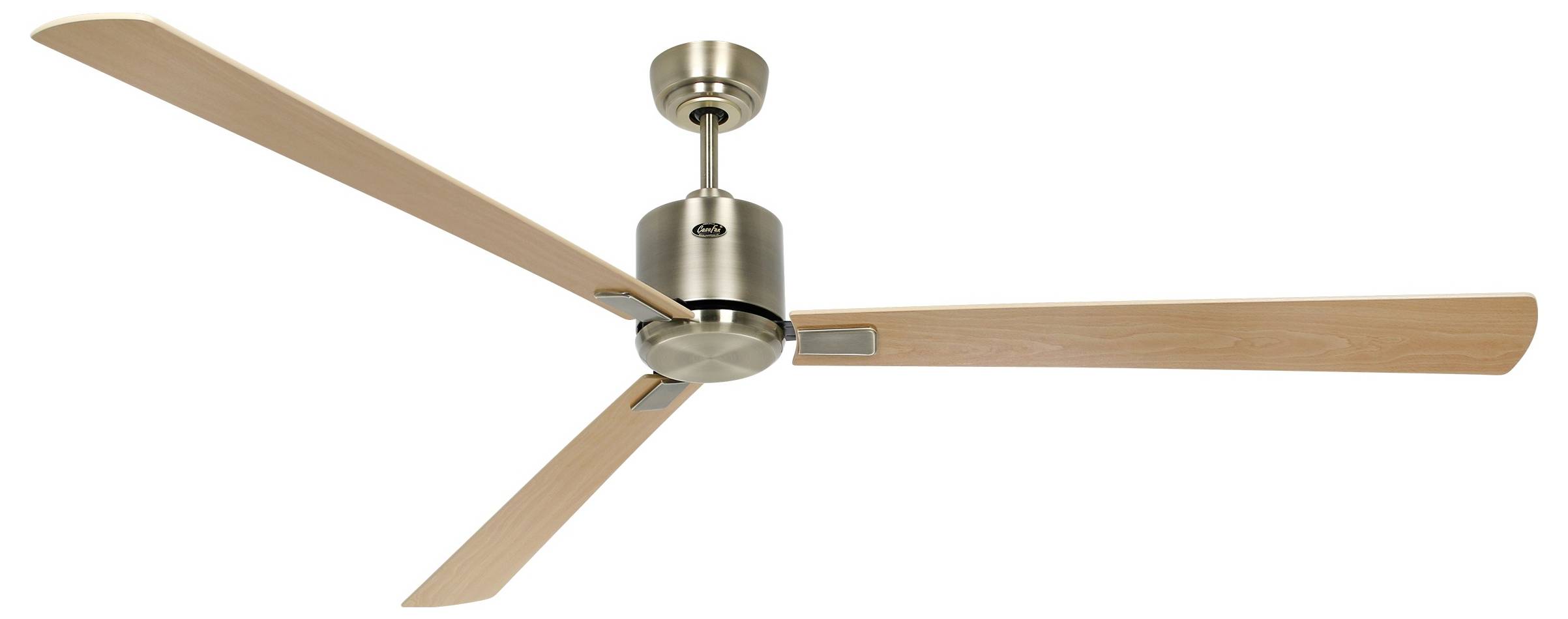 Ein moderner Deckenventilator mit drei Holzflügeln und einem metallischen zentralen Motorgehäuse, entworfen für die Raumkühlung in Wohnbereichen.