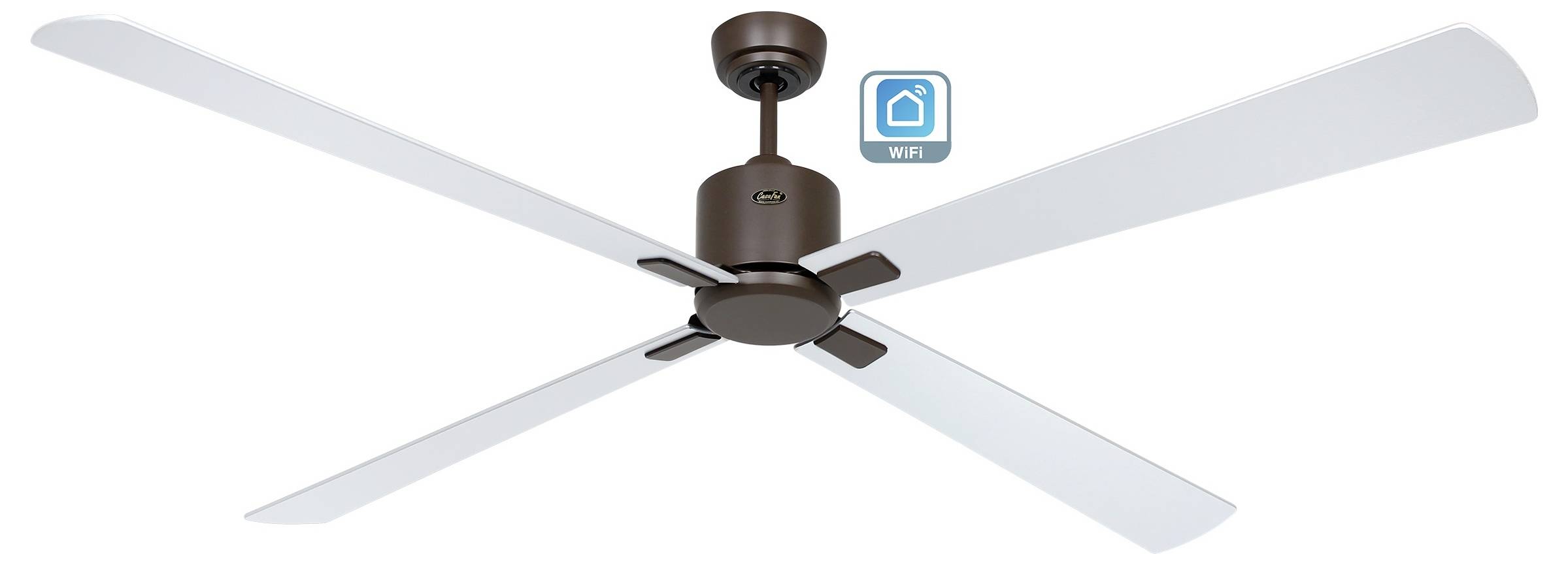 Ein Deckenventilator mit einem braunen Motor und vier Metallflügeln, ausgestattet mit einem WLAN-Konnektivitätssymbol, das auf intelligente Funktionalität hinweist.