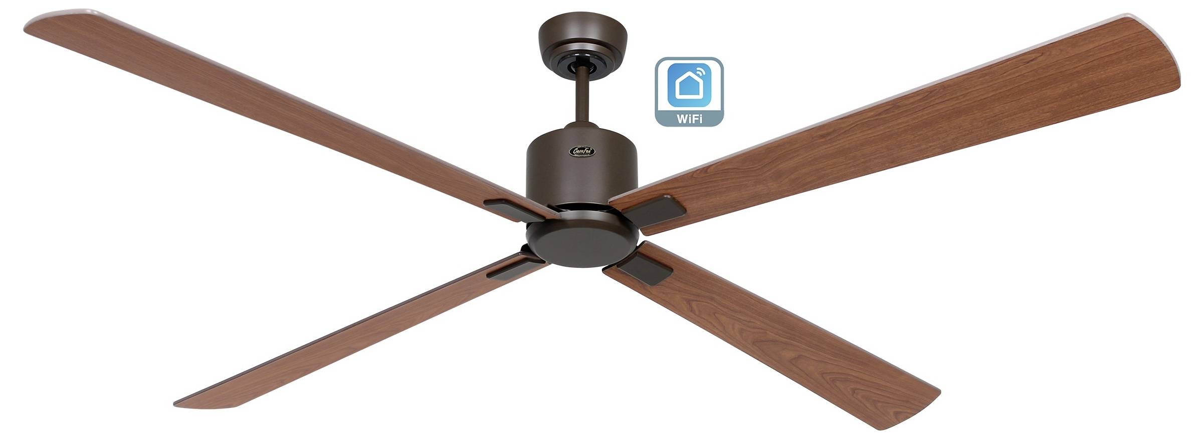 Ein Deckenventilator mit vier Holzflügeln und bronzefarbener Oberfläche, mit einem WLAN-fähigen Symbol, das intelligente Konnektivitätsfunktionen anzeigt.
