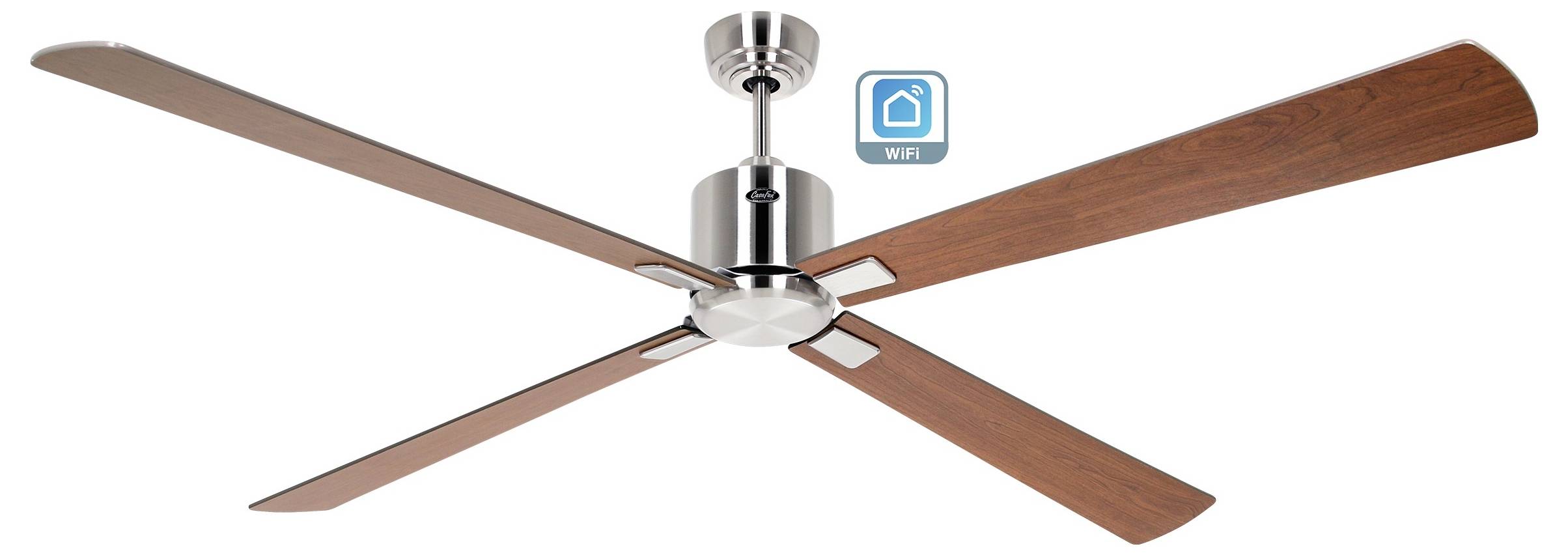 Ein moderner Deckenventilator mit vier Holzflügeln und metallischer Oberfläche, mit einem kleinen Symbol für WLAN-Konnektivität.