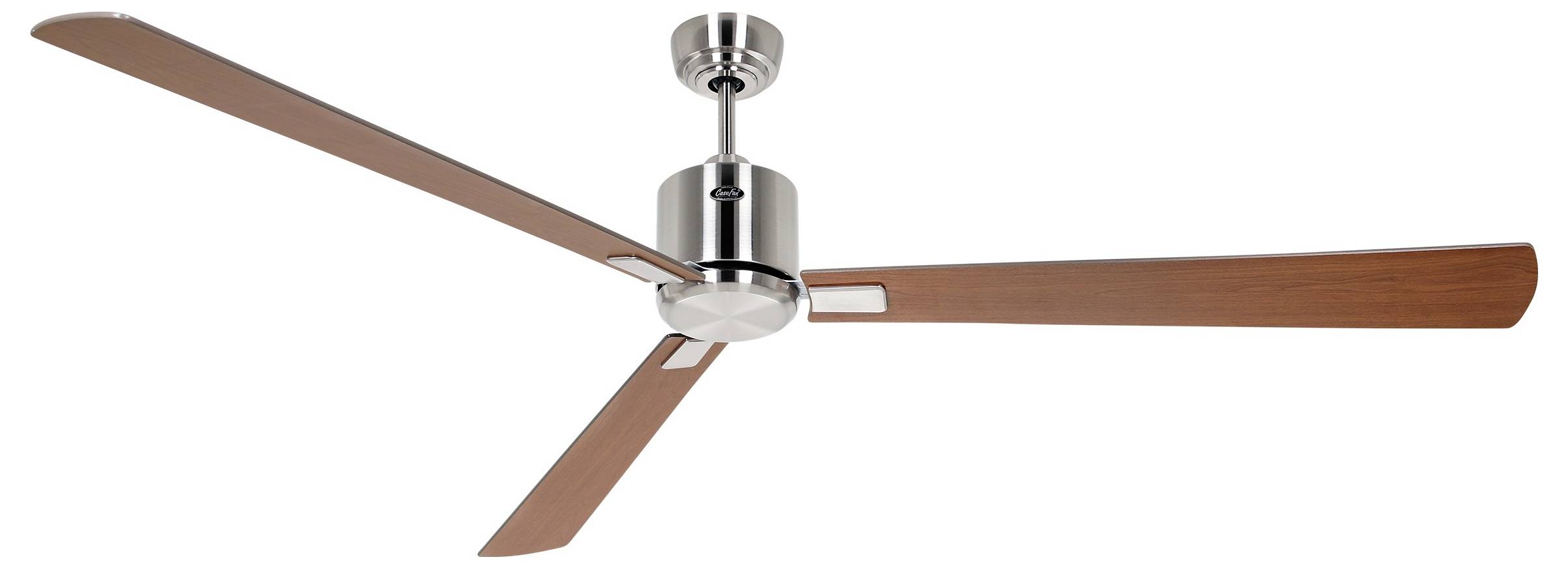 Eleganter Deckenventilator mit drei Holzflügeln und einer metallischen Zentralnabe, entworfen für moderne Innenräume.