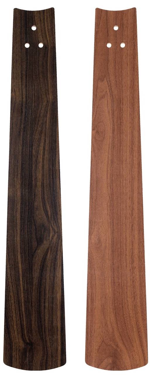 Zwei Deckenventilator-Flügel, einer aus dunklem Holz und einer aus hellem Holz, sind nebeneinander dargestellt. Jeder Flügel hat drei Befestigungslöcher am oberen Ende.