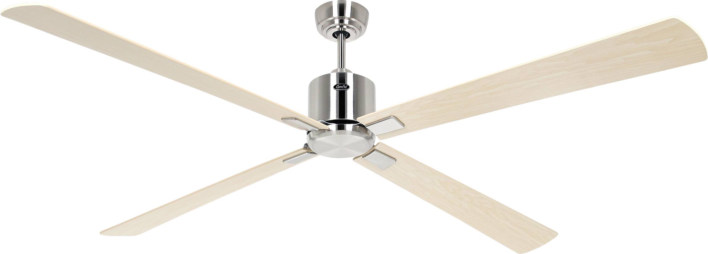 Ein Deckenventilator mit hellen Holzflügeln und einer metallischen Zentralbefestigung.