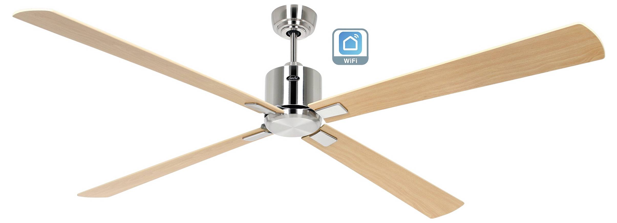 Deckenventilator mit Holzflügeln und Metallsockel, ausgestattet mit WiFi-Konnektivität, angezeigt durch ein Symbol.