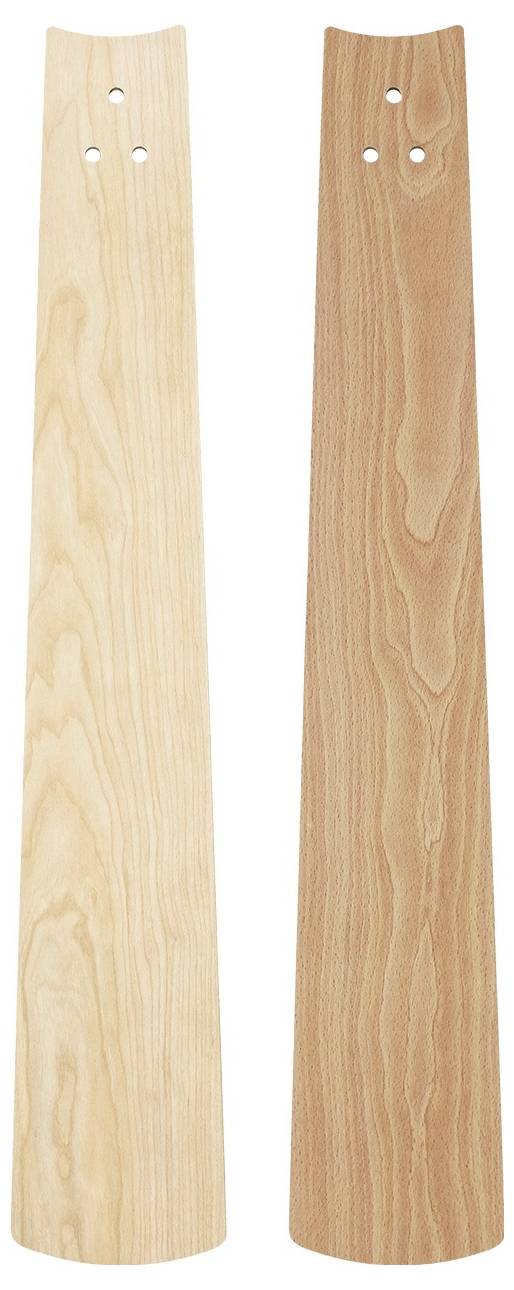 Zwei hölzerne Schuhlöffel, jeder mit einer leicht unterschiedlichen Holzmaserung und Farbe. Beide haben drei Löcher zum Aufhängen nahe der Oberkante.