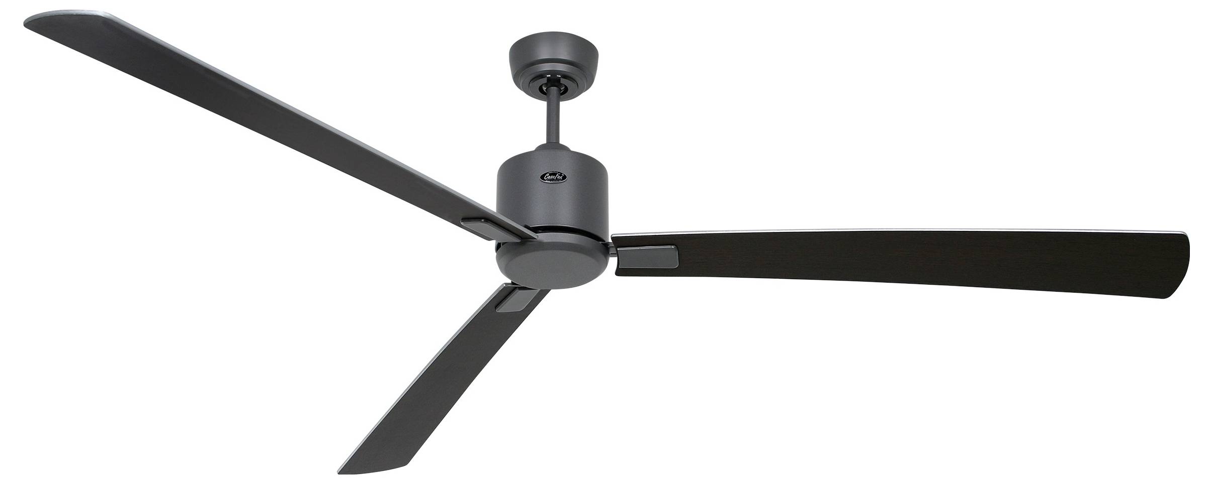 Dreiflügeliger Deckenventilator mit modernem, elegantem Design in dunkler Ausführung, montiert an einer kurzen zylindrischen Stange.